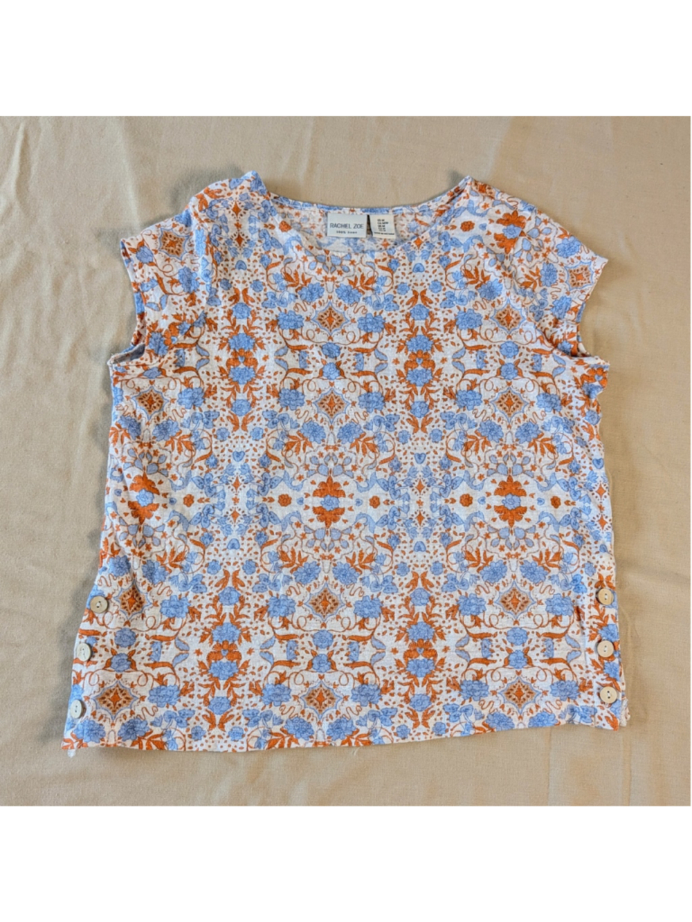 Rachel Zoe Linen Top M Blue Orange Floral Boho Coastal Lightweight Blouse - Picture 10 of 12